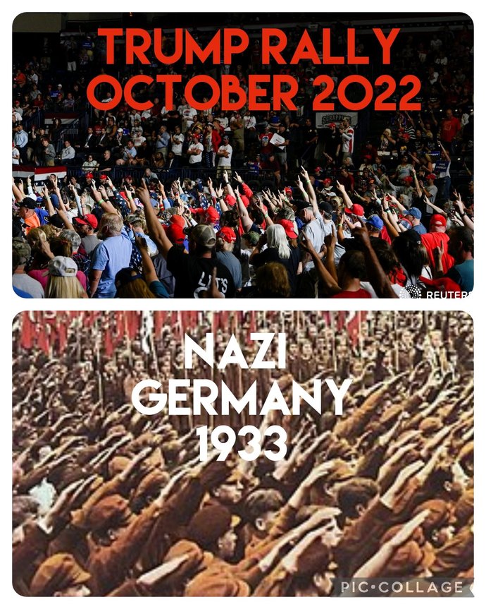 MAGAots and qanon Quacks at Trumps Ohio rally doing a modified Nazi salute.