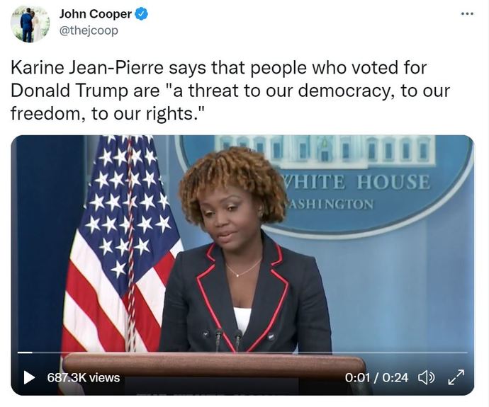 Do you agree with the press secretary that the people who voted for Donald trump are a threat to democracy, freedom and your rights?