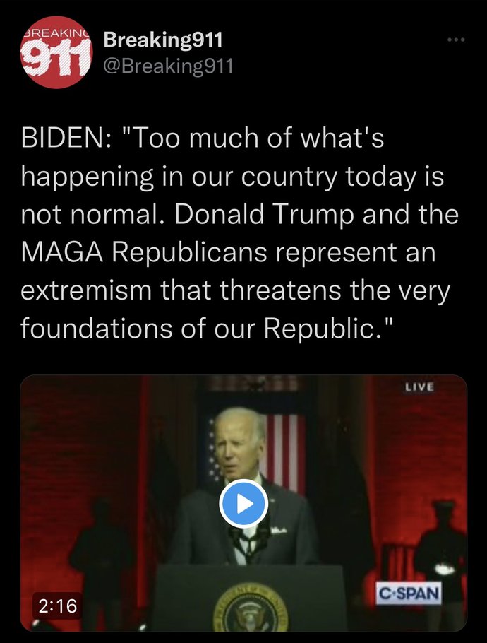 What do you think about President Biden declaring war on all republicans and Donald Trump?