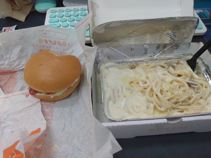Cream pasta and a Burger King chicken sandwich, one damn good meal!