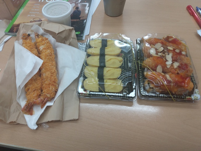 Sushi and fried shrimp; an expensive treat every now and then.