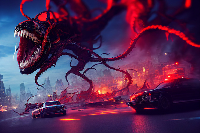 Someone elses detailed prompt of venom and Carnage fighting in a city
