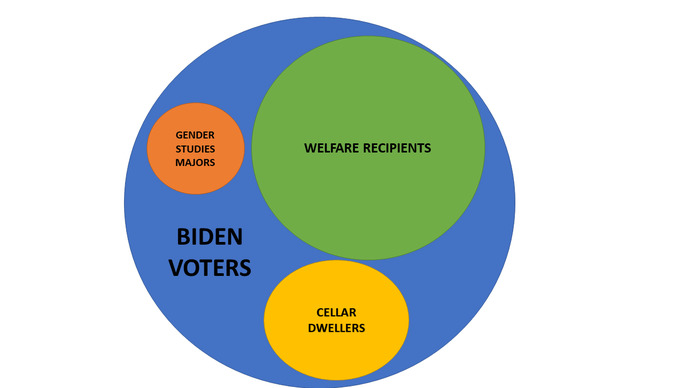 What do you think the amount or overlap in the Venn Diagram that contains Biden voters, Gender Studies majors, welfare recipients, cellar dwellers, ?