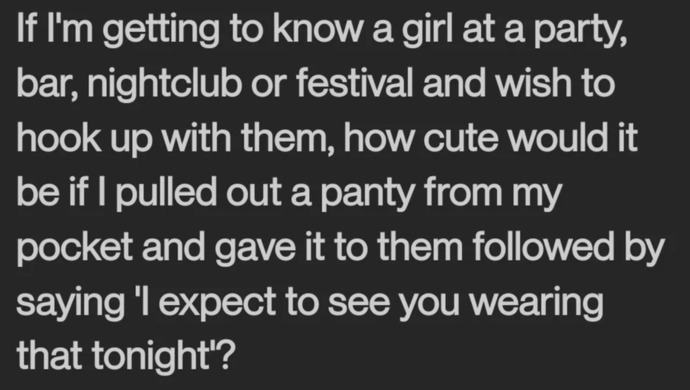 Girls love pocket panties of dubious origin, right guys? that would be such a CUTE pickup line?
