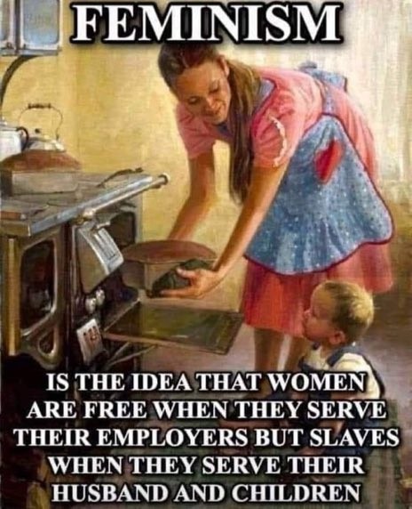 Feminism is the idea that women are free when they serve their employers but slaves when they serve their husband and children. Agree or disagree?