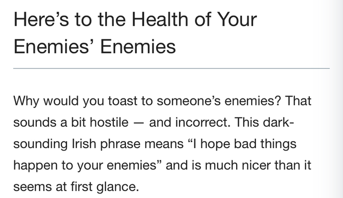 What does the proverb 'here's to the health of your enemies enemies'? Mean?