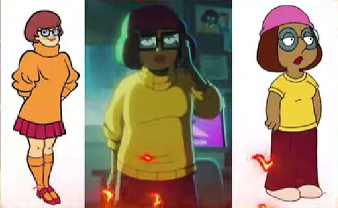 Fat, ugly, race-swapped, self-insert Mindy Kaling Velma who looks like a black Meg Griffin.