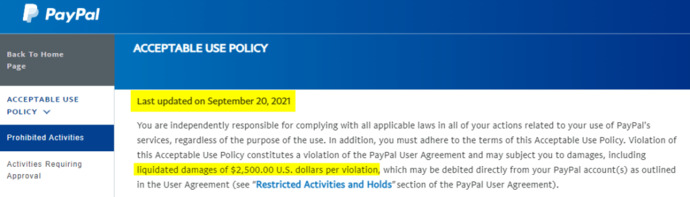 Techdirt. com, "Everyone Seems To Be Getting The Story About PayPal And Its Supposed $2,500 Fines For Misinfo Wrong."