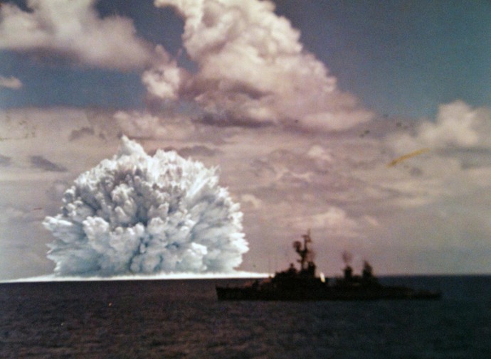 USS Agerholm, DD-826, moments after firing an ASROC with nuclear depthcharge during Operation Dominic/Swordfish, on 11 May 1962.