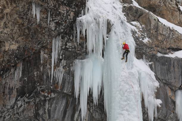 Turkish mountaineer Tunc Findik exercises his ice climbing skills before climbing the Annapurna mountain, located in Nepal.