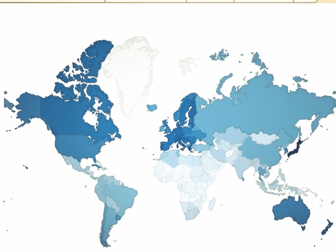 (countries with low birth rate in dark blue)
