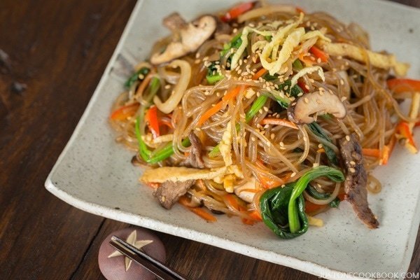 Japchae, Korean stir fry glass noodles.