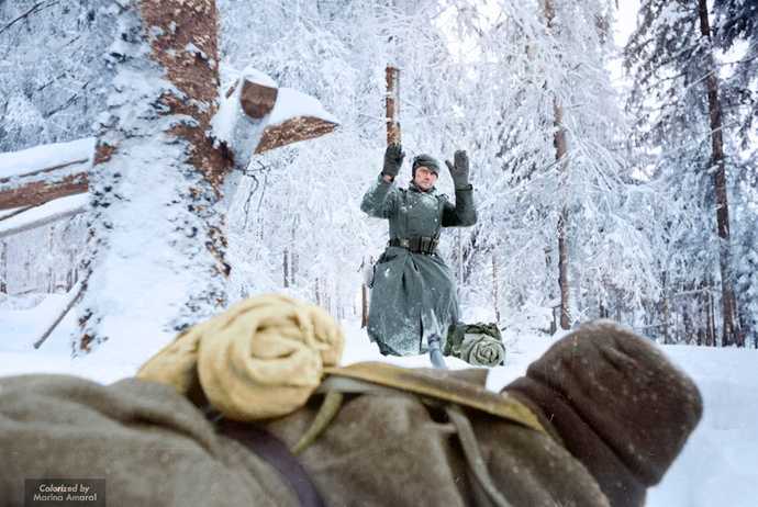 1941 German soldier surrendering to a Soviet troop during the Battle of Moscow.
