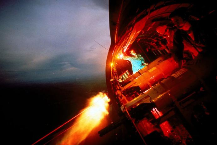 The crew of a US AC-47 plane fire 7.62mm GE miniguns on a night mission1966.