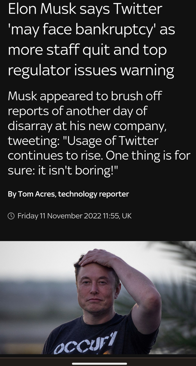 Elon Musk says Twitter may face bankruptcy as more staff quit and regulator issues warning --- A company he just paid $44 BILLION to buy?