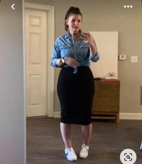 Demin shirt with black pencil skirt and sneakers?