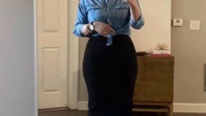 Demin shirt with black pencil skirt and sneakers?