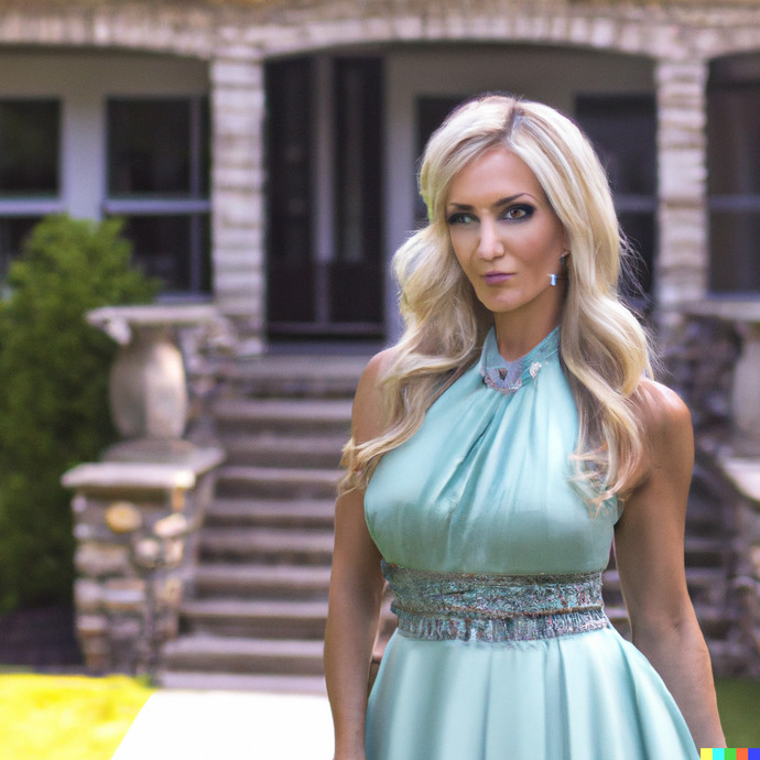 "Rich white woman standing in her yard, feeling shame and guilt over the affair shes having with her faithful husband."