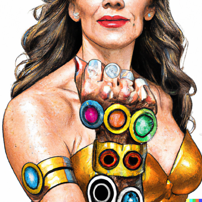 "Wonder Woman, holding all of the Infinity Stones from Avengers Infinity War."