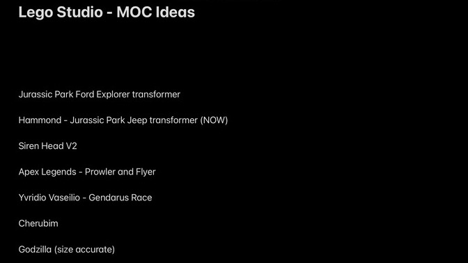 This is my list of LEGO Transformers MOCs I am going to make (and MOCs in general). Want to add anything?