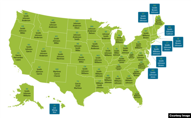 Most popular US surnames for each state