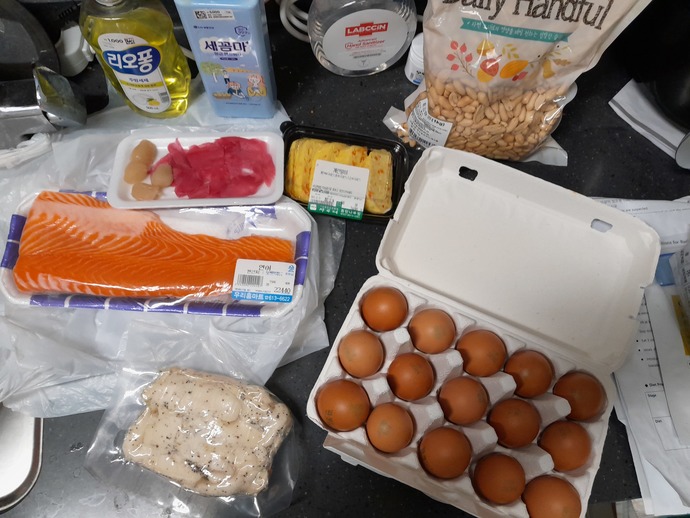Buying salmon, grilled chicken, organic eggs, egg rolls, pickled ginger, broccoli, and peanuts: $50 total!