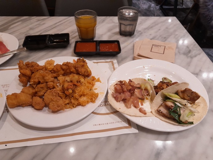 Fried chicken, fried popcorn shrimp, & fried rice. And pork tacos & lamb tacos.