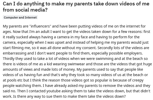 Parents of GAG, What would you do if your child as an adult came to you and asked you to take videos you took of them off of Social media?
