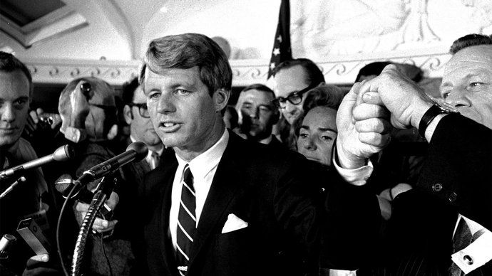 Sen. Robert Kennedy in the Ambassador Hotel following his victory in California primary election. Moments later he was shot.