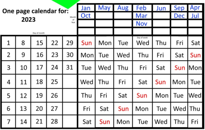 One-Page Calendar for 2023