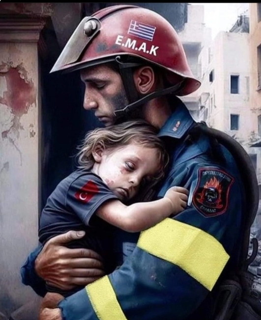 This is the moment when a Turkish child was saved by a Greek staff who came to help the earthquake in Turkey. Isnt it so valuable?