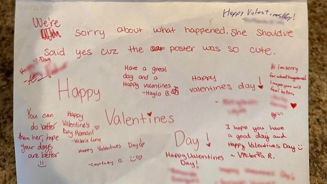 14 year old autistic boy publicly gets rejected on valentines, other students comfort him by giving him valentines. What do you think?