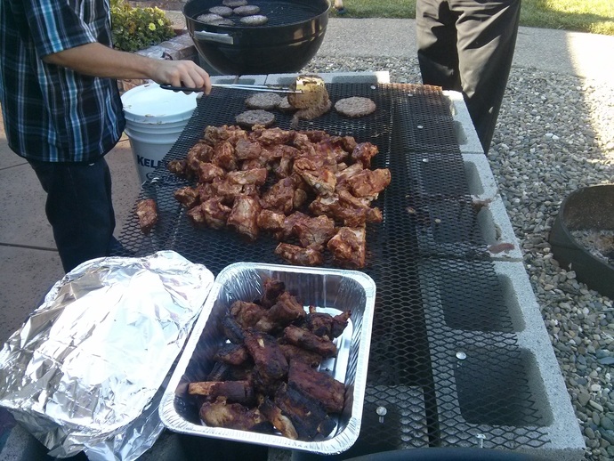 Big party: chicken, beef and pork ribs, burgers, hot dogs.