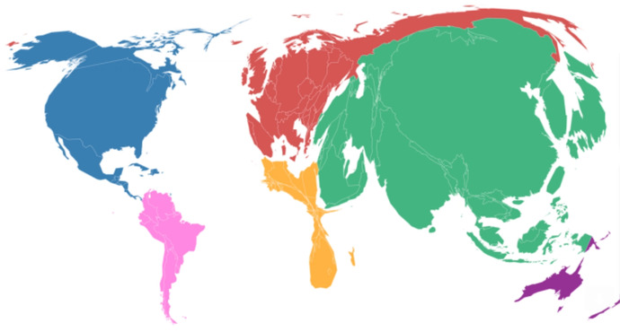 What does the size of the countries in this map refer to?