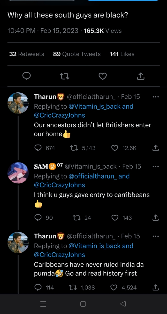 South Male reply to North female, proud his ancestors didnt give entry to Britishers