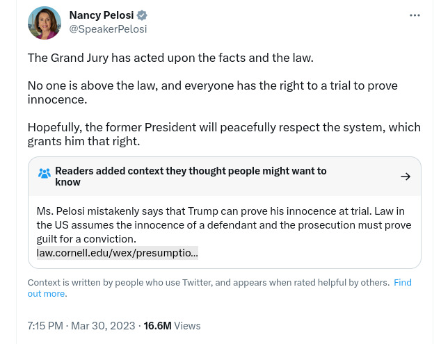 Isn’t it VERY SAD & TROUBLING that former US Speaker of the House Nancy Pelosi does NOT know that people are "innocent until proven guilty"?