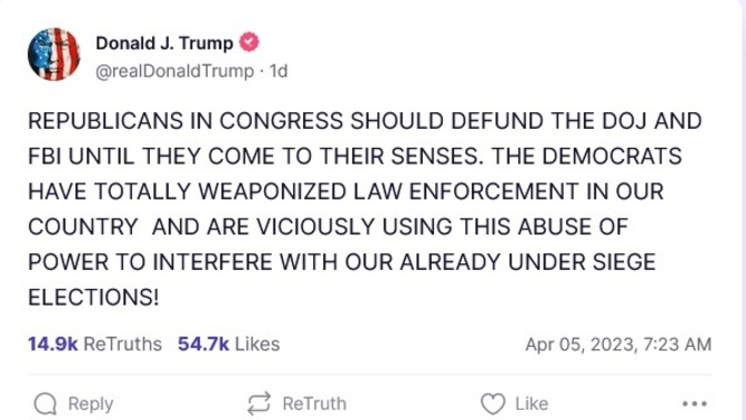 Trumplicans and Republicans - Your Leader says "DEFUND THE POLICE / JUSTICE DEPT" Do you support him?