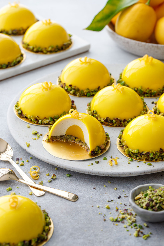 Pistachio & Meyer Lemon Mousse Cakes with Mirror Glaze