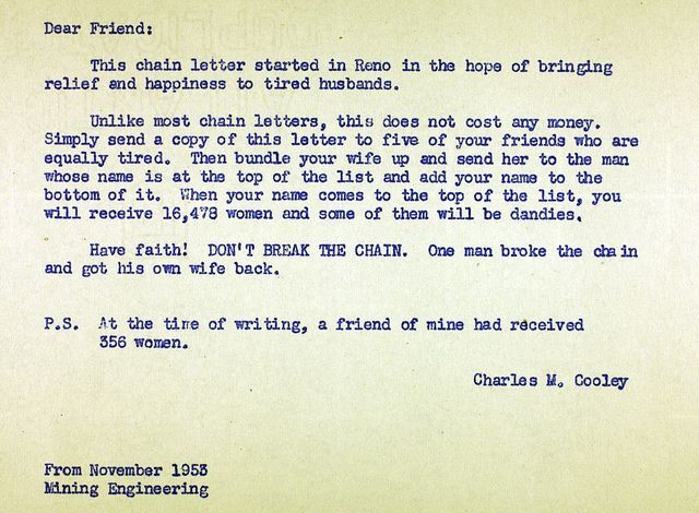 Here is a sample of a Chain Letter from 1953
