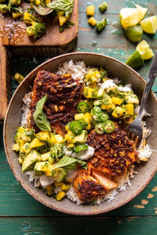 THAT BBQ salmon rice bowls with mango jalapeno salsa