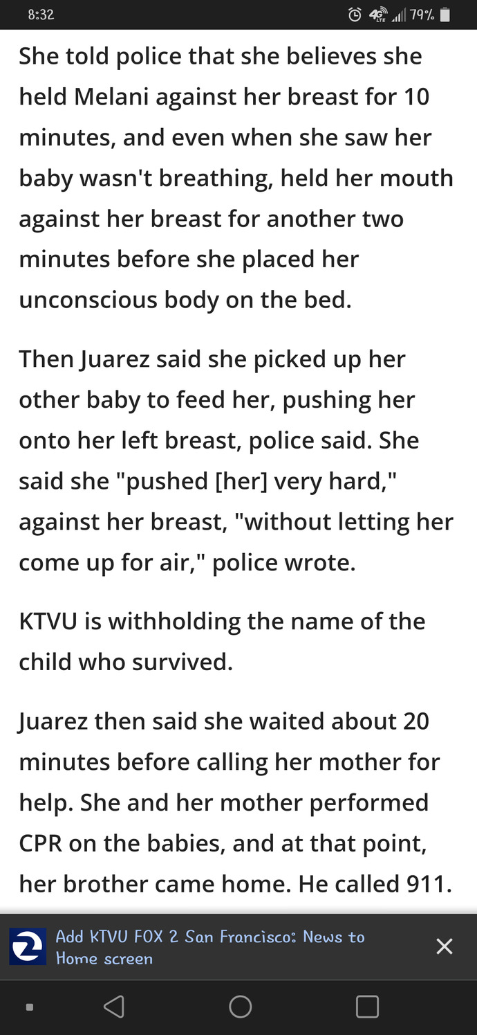 Should a mother go to jail for suffocating a baby with her bazookas?