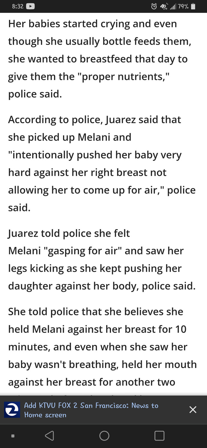 Should a mother go to jail for suffocating a baby with her bazookas?