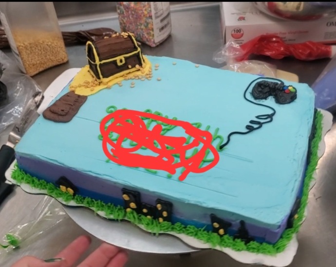 Not my best work but do we think the treasure chest is made out of frosting entirely the blank spot because the had a character silhouette they had?