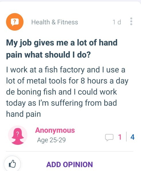 I work in a salmon fish factory but the hand tools have given me very bad hand and shoulder pain what should I do?