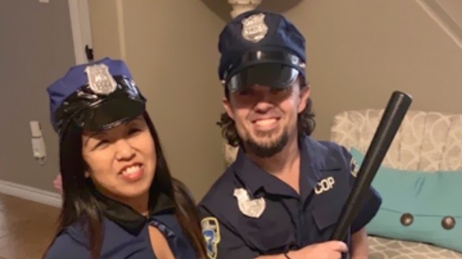 A tall muscular man is outside trying to break into your house to fight you. You call 911 and these cops shows up. What do you do?