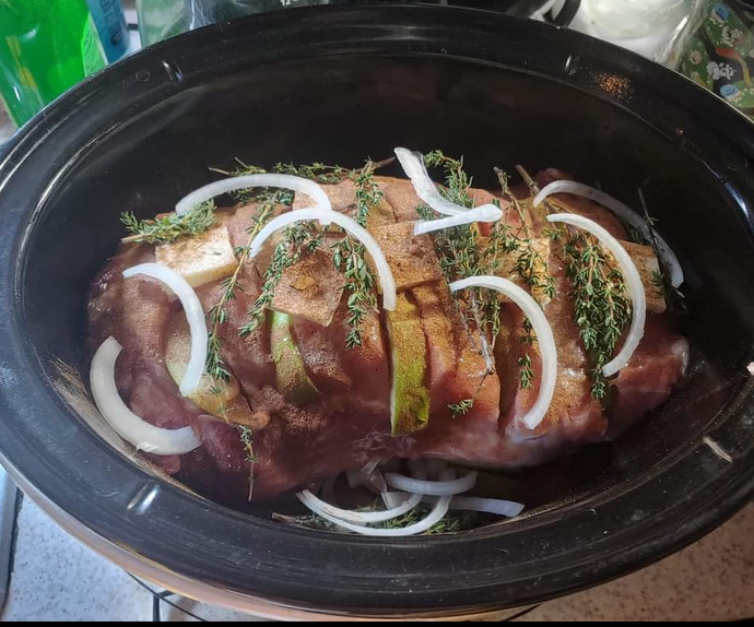 Honey apple pork loin which me and my sister ate with sweet potatoes and roasted brussel sprouts