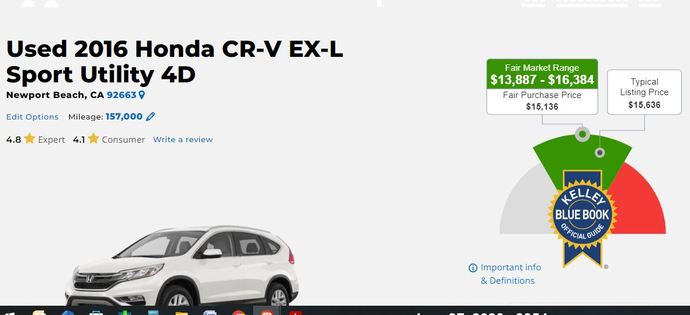 How much should I sell my 2016 Honda CR-V EX-L?