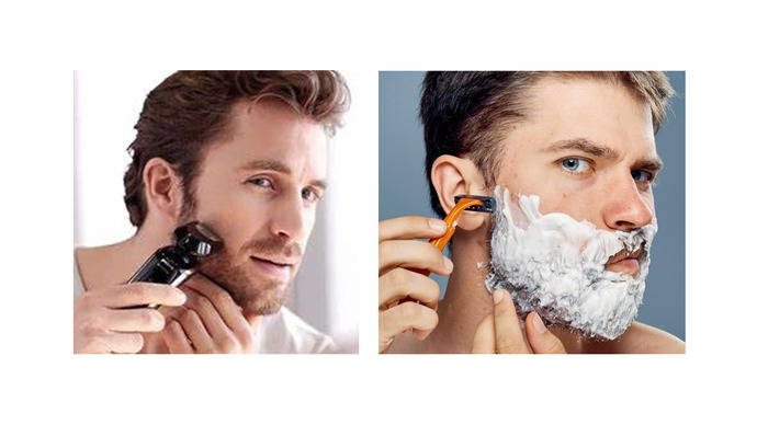 Men shaving with electric shaver and razor