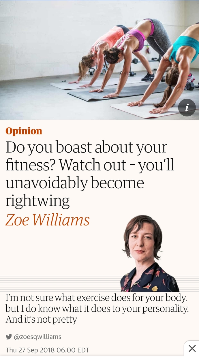 An Opinion Piece From The Guardian Says That If You Boast About Your Fitness, Youll Unavoidably Become Right-wing. Thoughts?