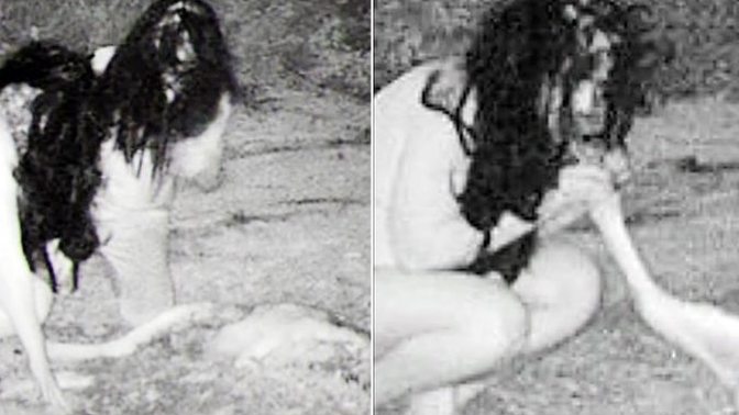 Pubilicity stunt or mental health or real witches - half naked "women" seen eating a deer caress on trail camera photo in remote backwoods area?